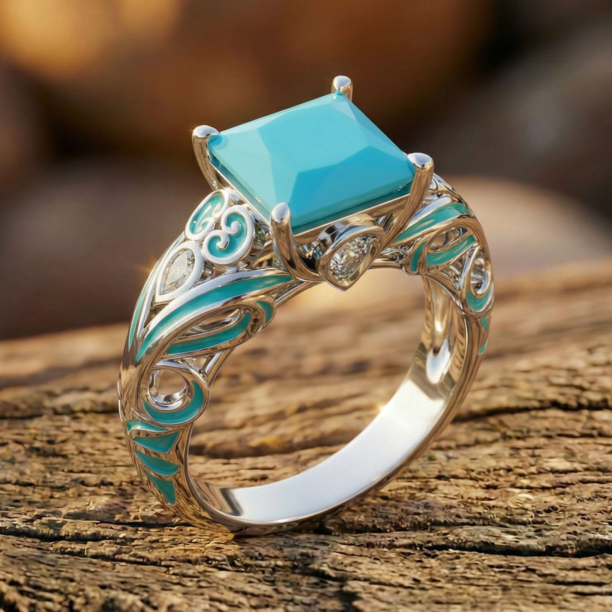 TURQUOISE GLITTER RING-SILVER925-スクエアリング Square Turquoise Sterling Silver Western Engagement Ring – Serene