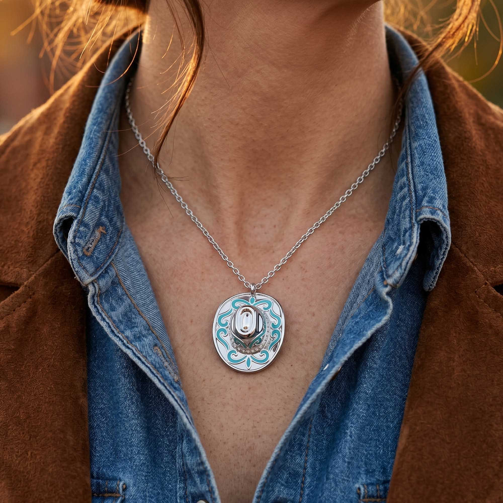 Rodeo Hat Necklace - Moissanite western necklace worn on model - Serene Western