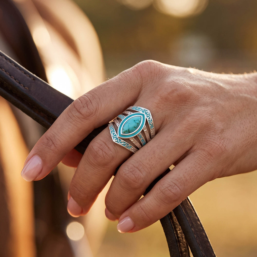 Saddlery Ring - Turquoise worn on hand - Serene Western
