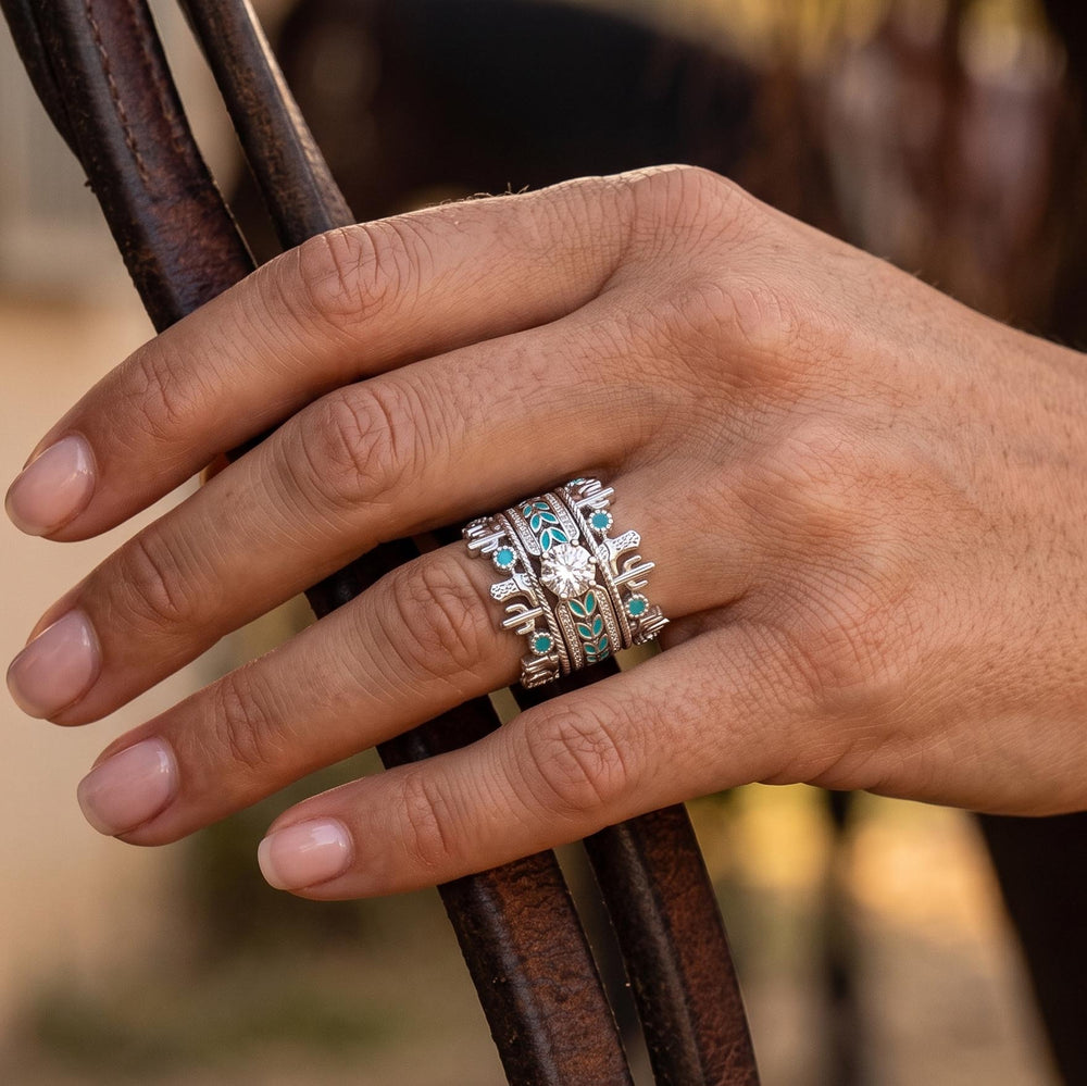 Saguaro Trail Ring Set - Moissanite cactus moissanite ring set worn on hand - Serene Western