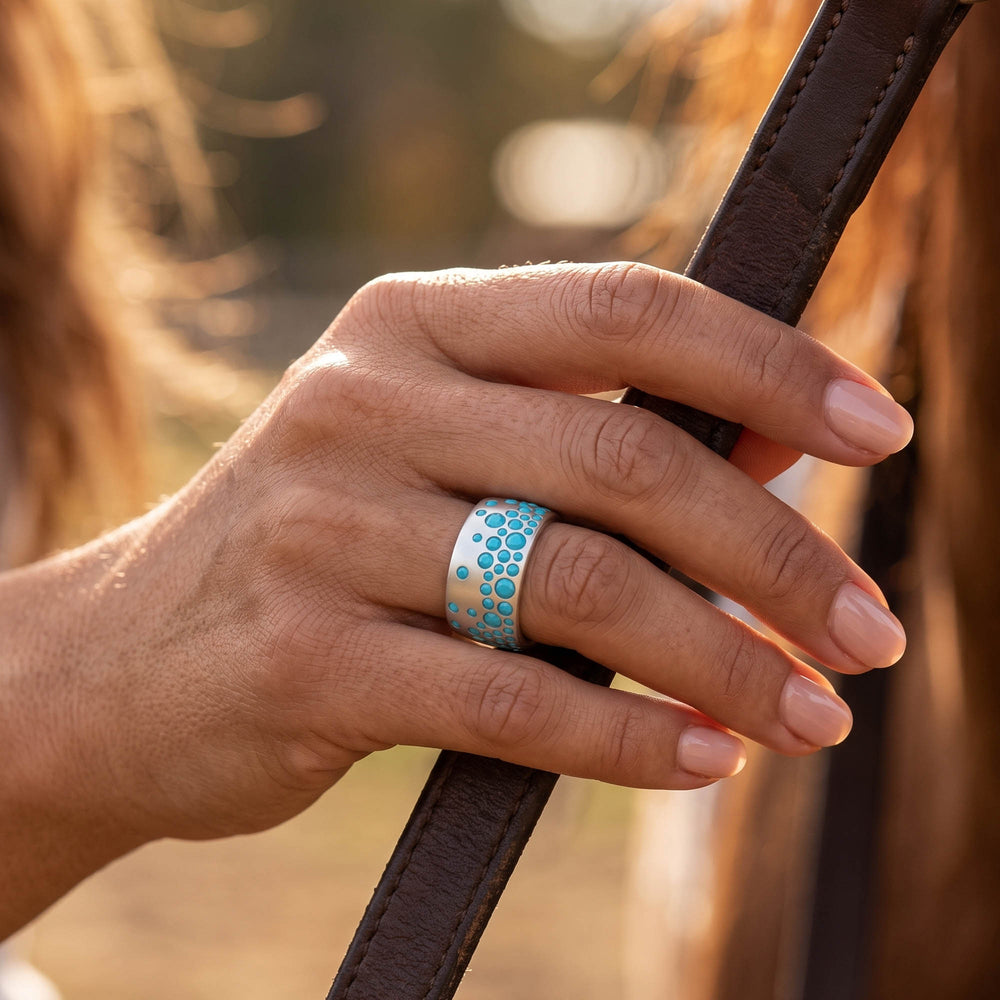 Nebula Drop Ring - Turquoise worn on hand - Serene Western