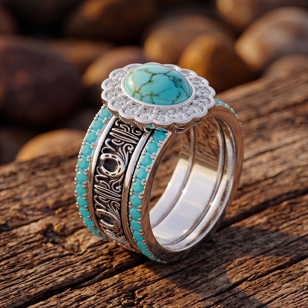 Prairie Bloom Stacking Ring - Turquoise prairie bloom stacking ring overhead view - Serene Western