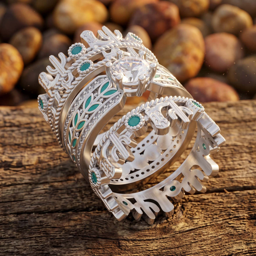 Saguaro Trail Ring Set - Moissanite stacking ring set angled detail view - Serene Western