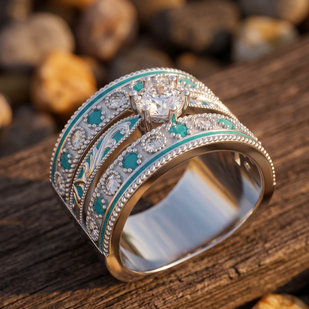 Frontier Current Ring - Moissanite wide silver ring angled side view - Serene Western