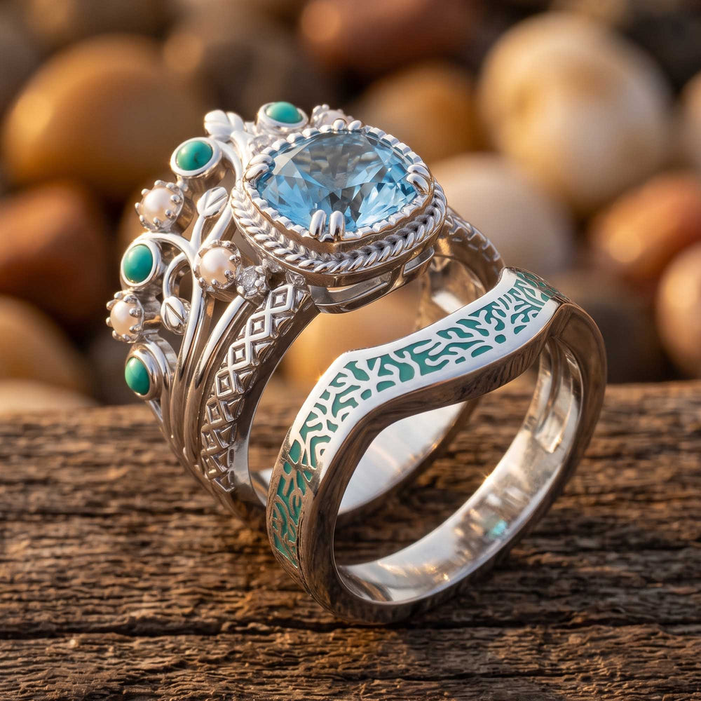 Calico Keepsake Ring - Aquamarine angled side view - Serene Western - aquamarine center with pearl and turquoise accents