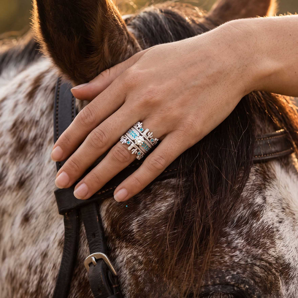 Saguaro Trail Ring Set - Moissanite western ring stack styled with horse - Serene Western