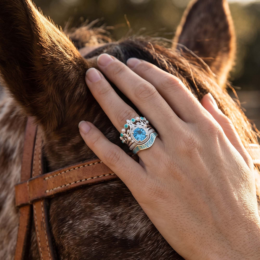 Calico Keepsake Ring - Aquamarine styled on model - Serene Western - aquamarine center with pearl and turquoise accents