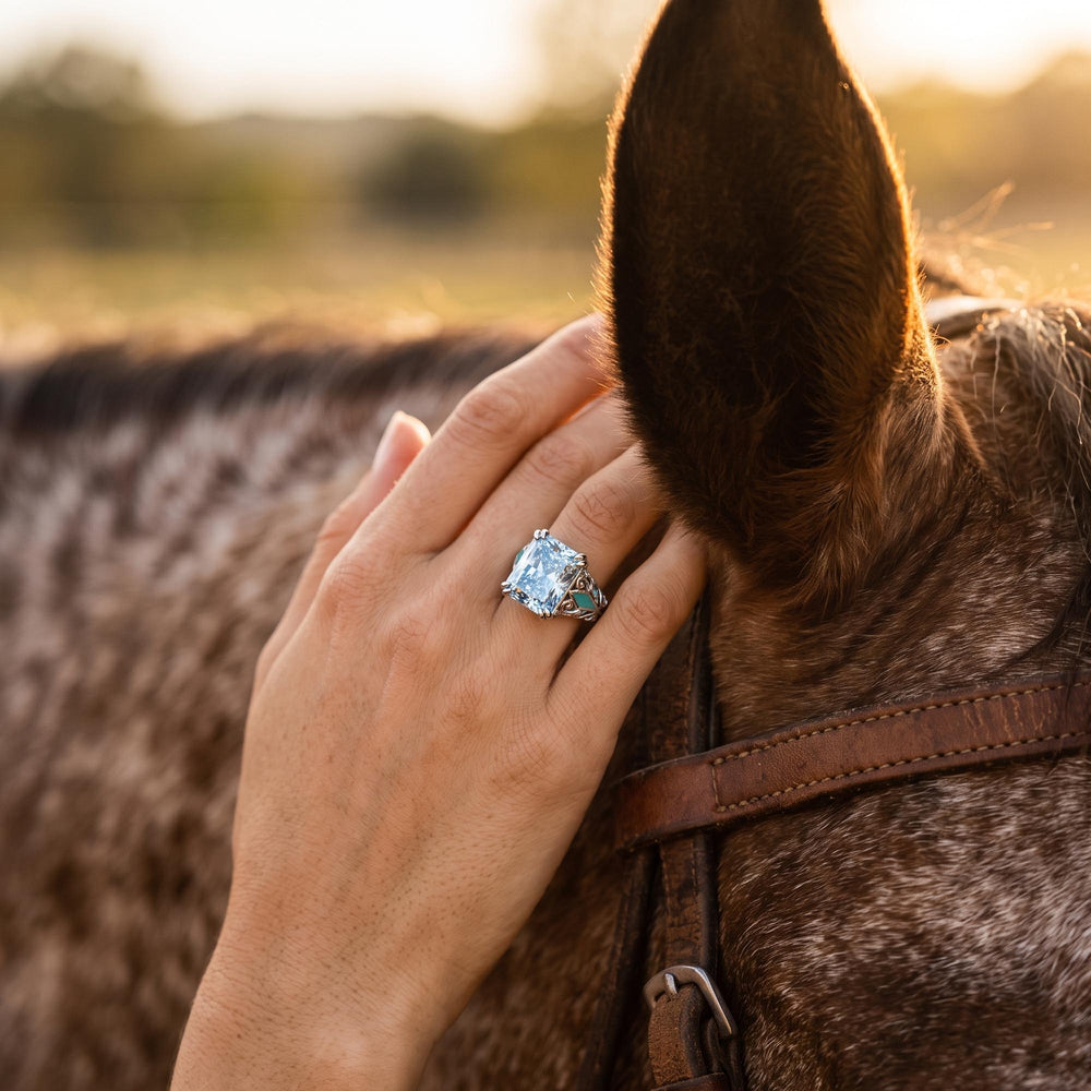 Scrollbound Ring - Aquamarine styled on model - Serene Western