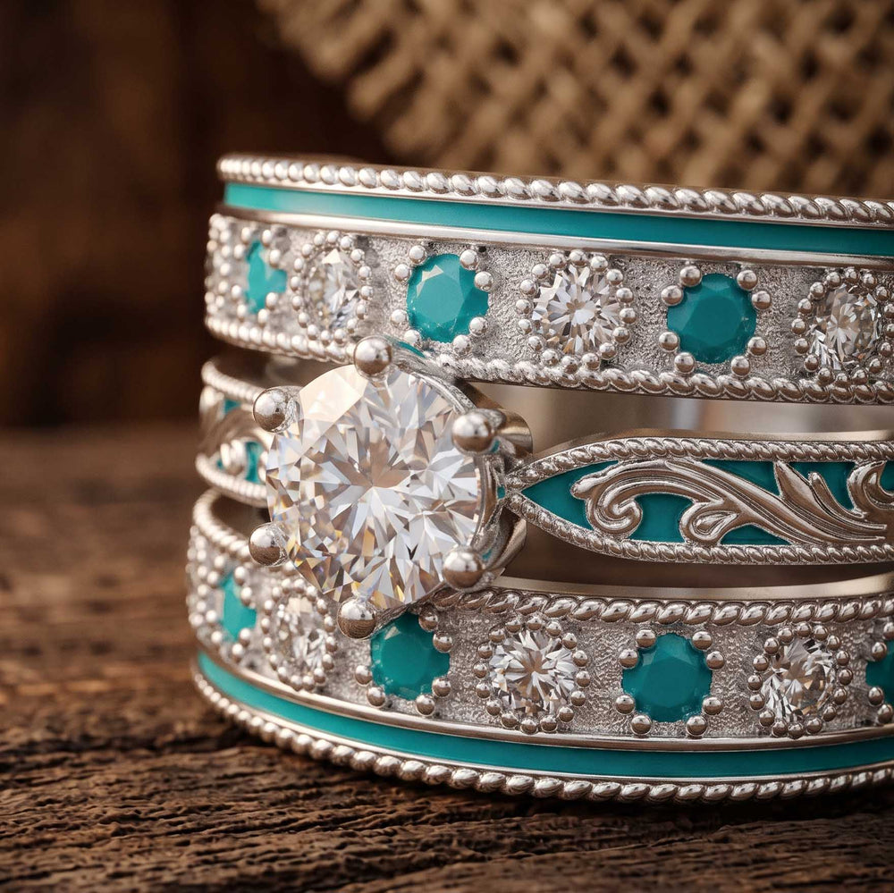 Frontier Current Ring - Moissanite turquoise enamel and silver scrollwork detail - Serene Western