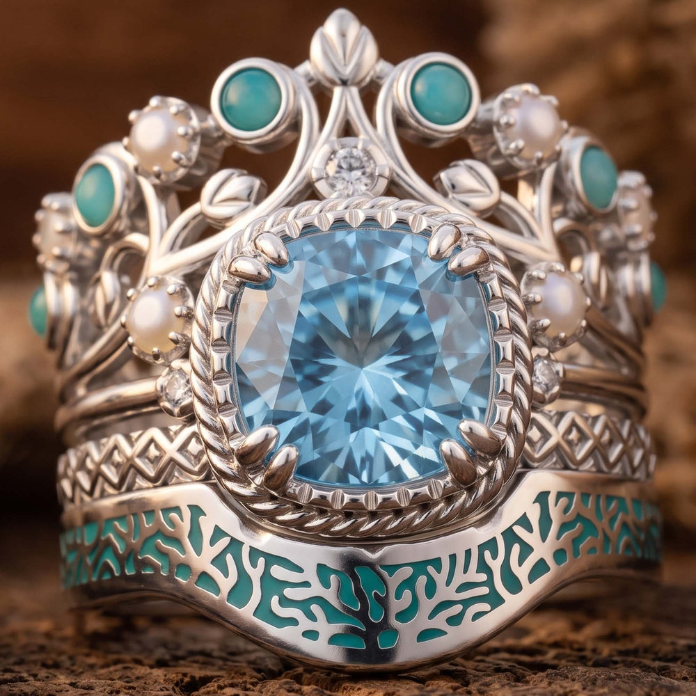 Calico Keepsake Ring - Aquamarine design detail - Serene Western - aquamarine center with pearl and turquoise accents
