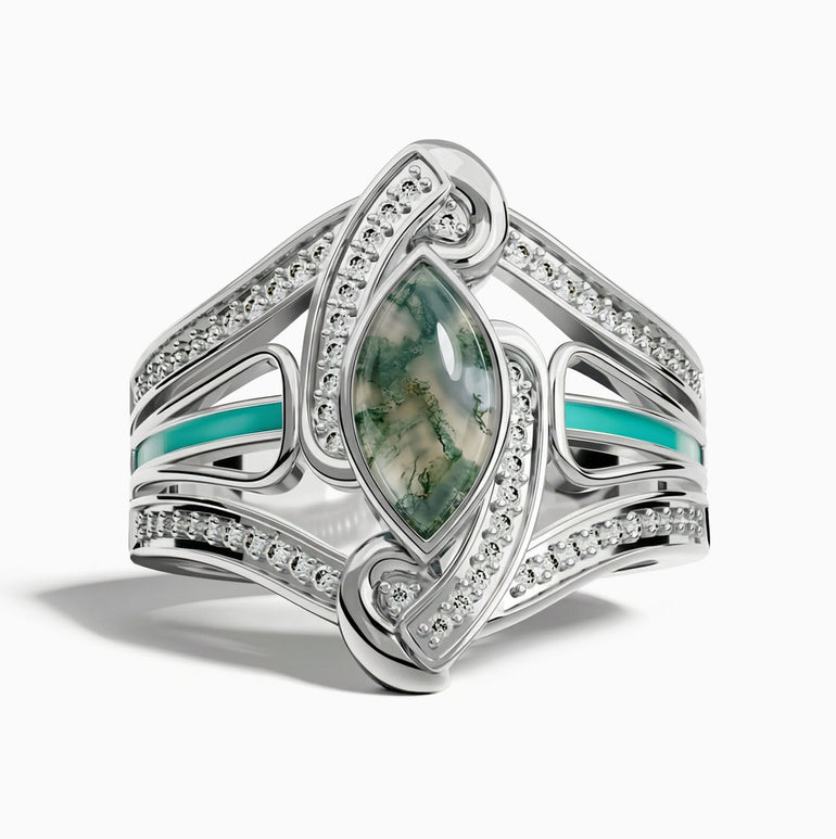 Cyclone Boomerang Ring - Moss Agate