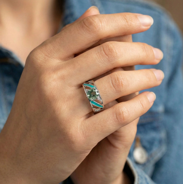 Aurora Veil Ring - Moss Agate - Serene Western