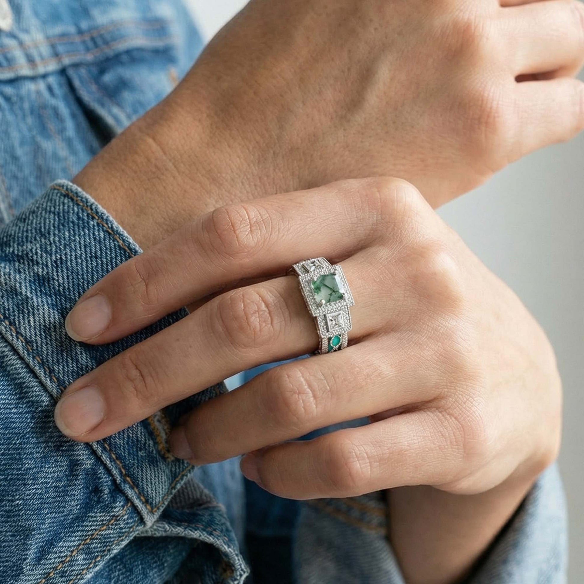 Azure Lighthouse Ring - Moss Agate - Serene Western