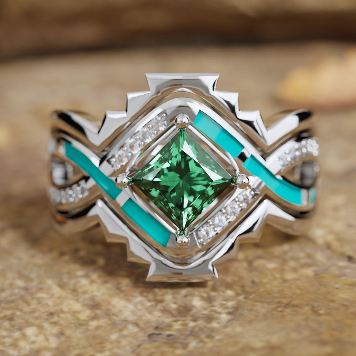 Square Cut Zircon Stacking Silver Ring丨Mountain Turquoise Women's Ring
