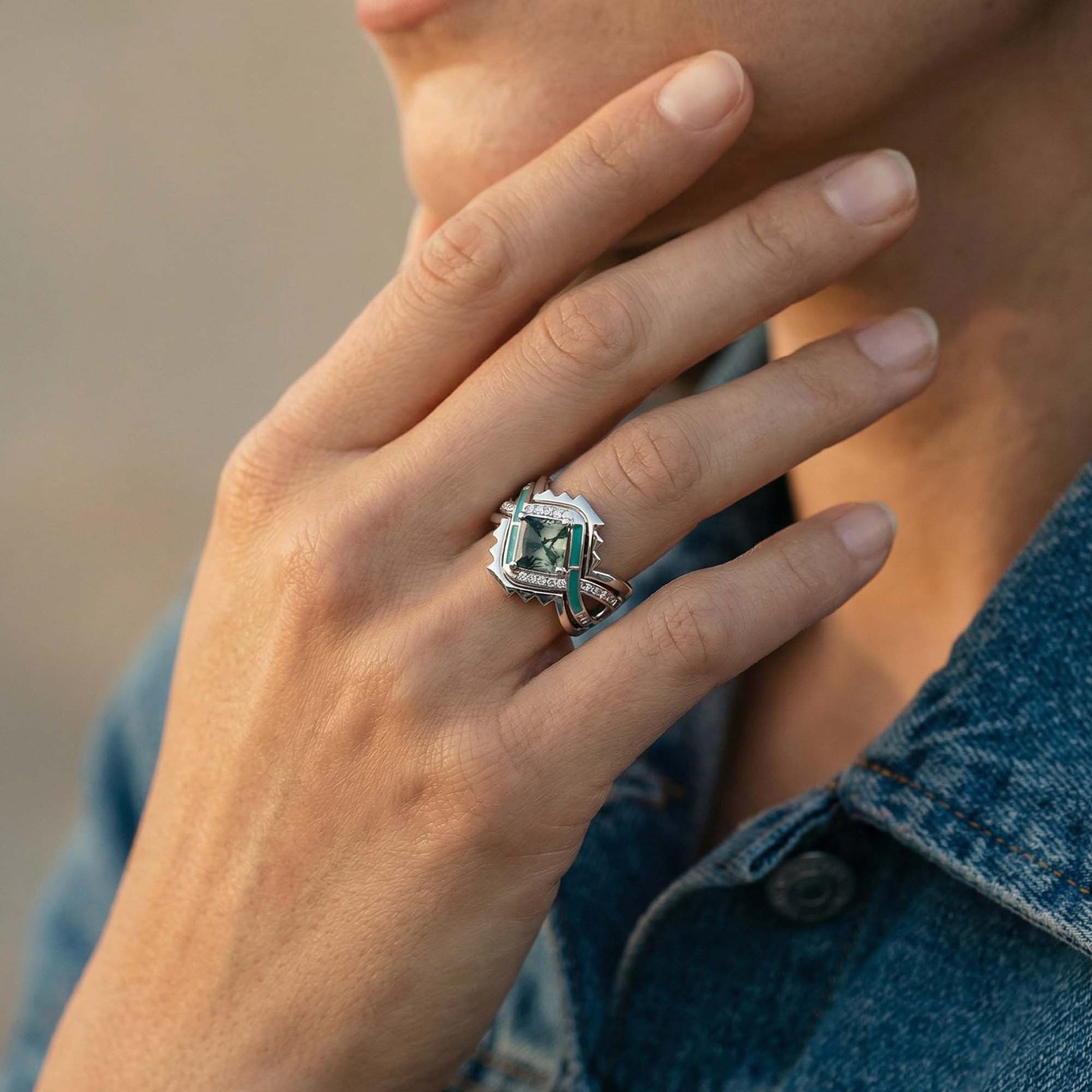 Cascading Ridges Ring - Moss Agate - Serene Western