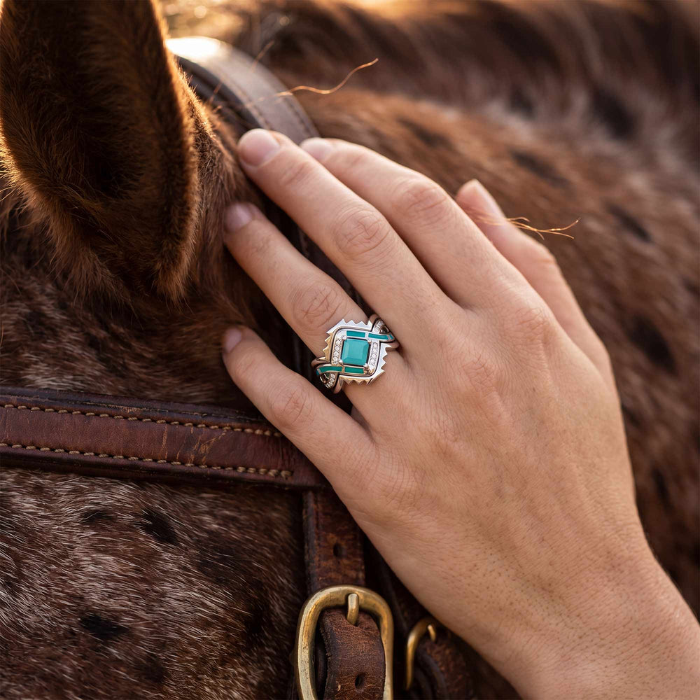 Quarter Ridges Ring Square Turquoise Sterling Silver Western Three-Layer Stacking Ring ...