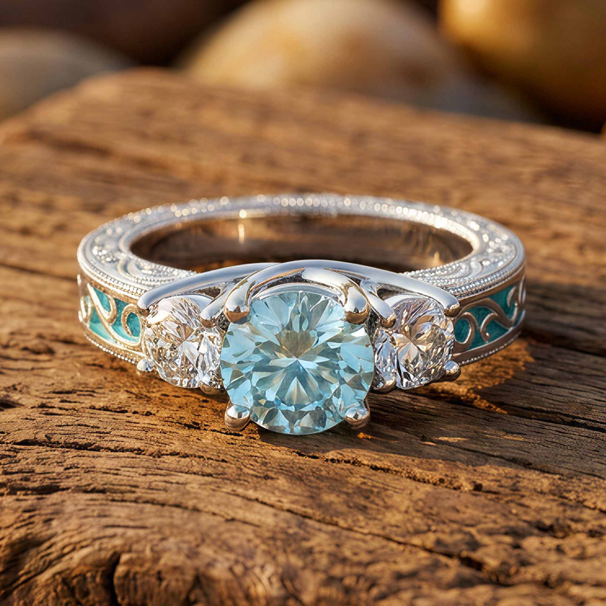 Century Romance Aquamarine Ring | Moissanite 3-Stone Style