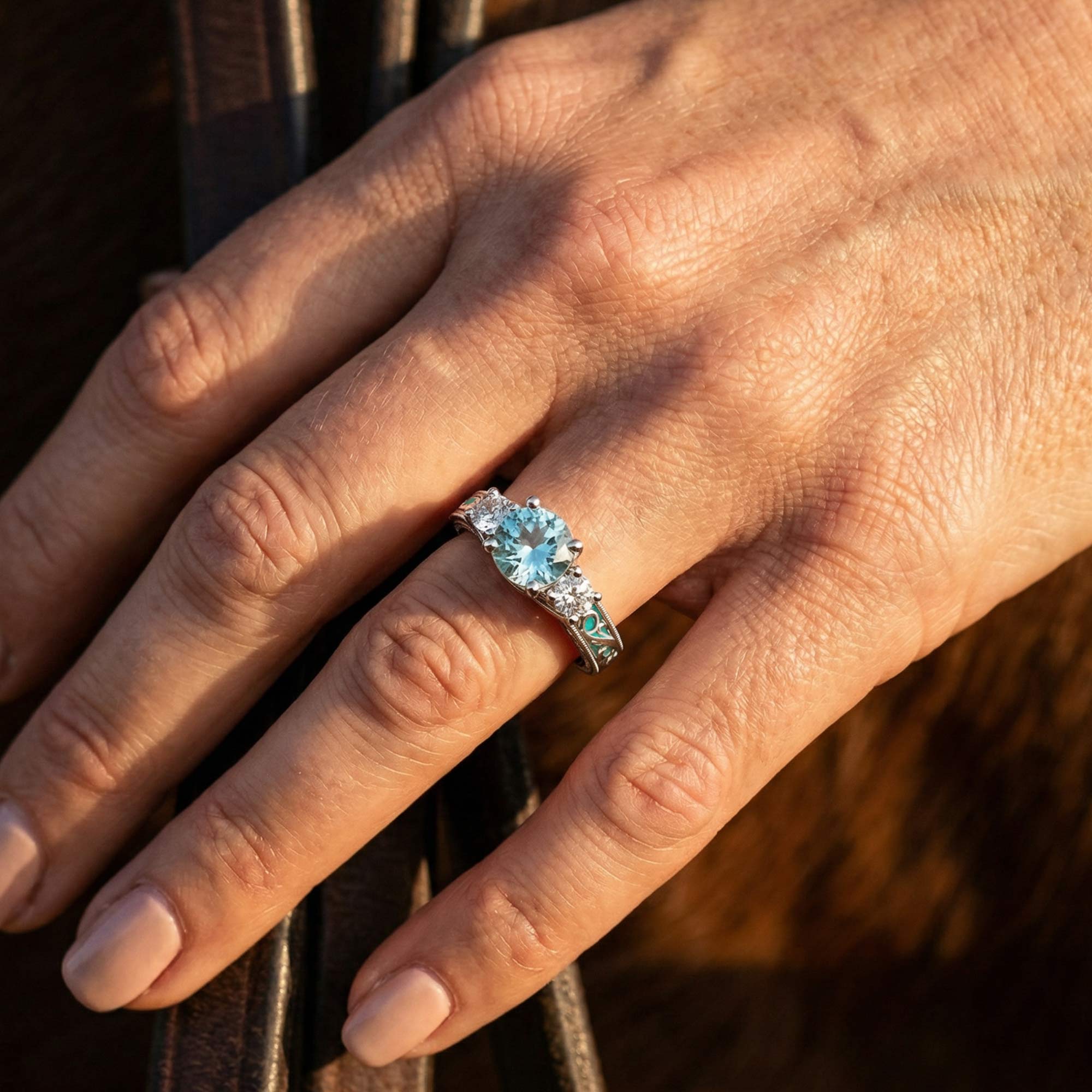 Century Romance Aquamarine Ring | Moissanite 3-Stone Style