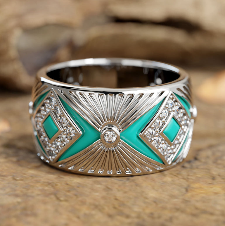 Round Moissanite & Turquoise Sterling Silver Western Round Moissanite & Turquoise Sterling Silver Western