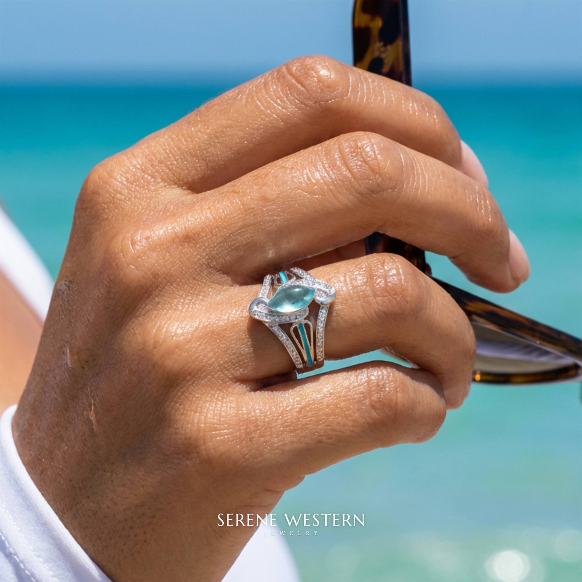 Cyclone Boomerang Ring - Aquamarine - Serene Western