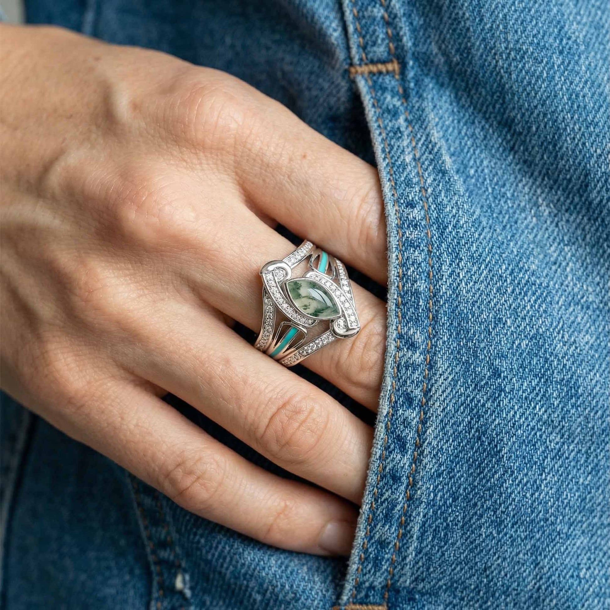 Cyclone Boomerang Ring - Moss Agate - Serene Western
