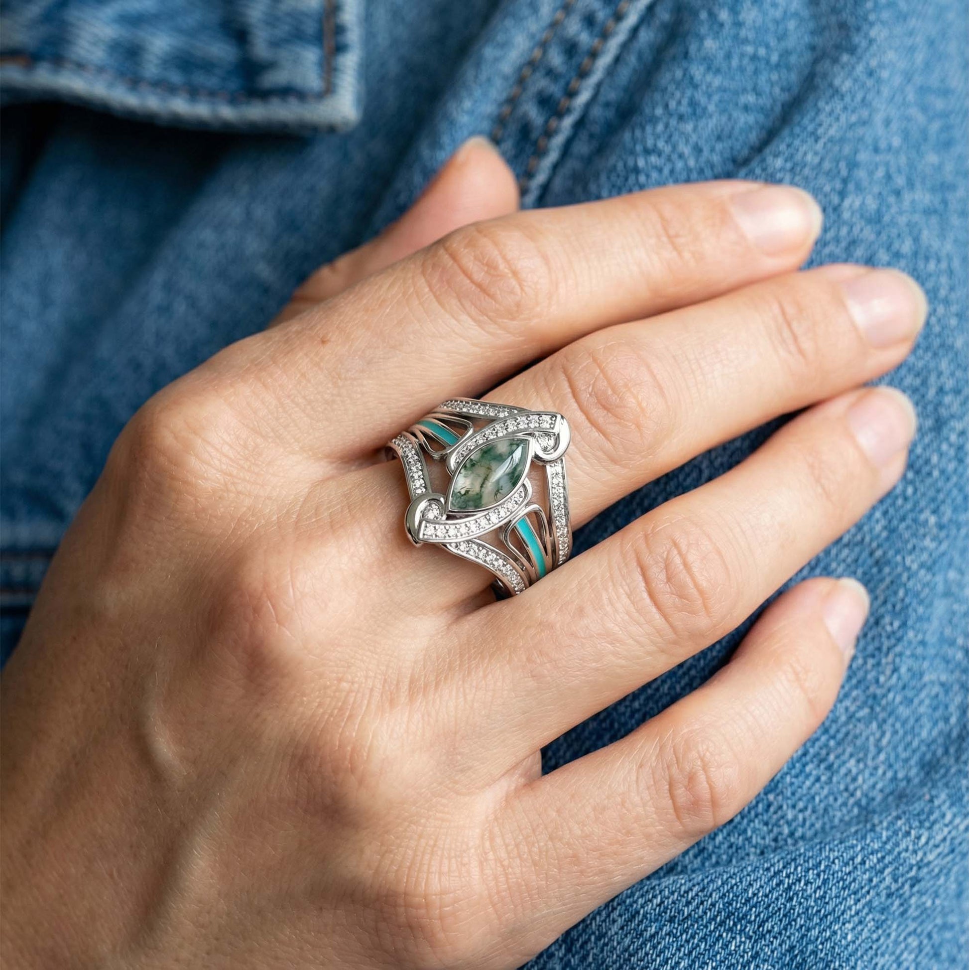 Cyclone Boomerang Ring - Moss Agate - Serene Western