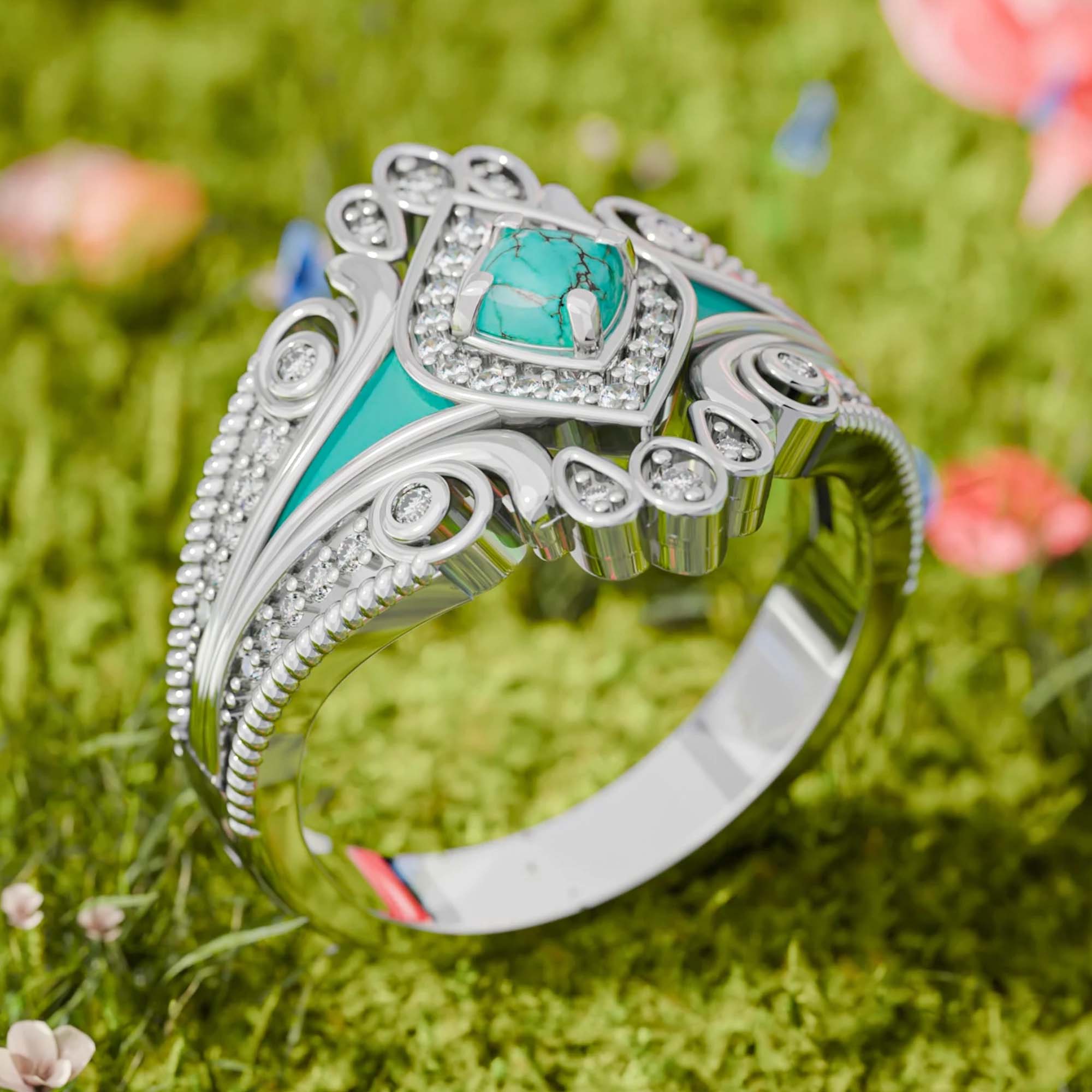 BETHZA 925 Sterling Silver Turquoise Feather Ring - Genuine Stone, Unisex, Gift Box