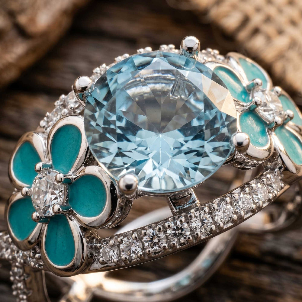 Sammenflettet ring med blomstrende knop - Aquamarine - Rolig western