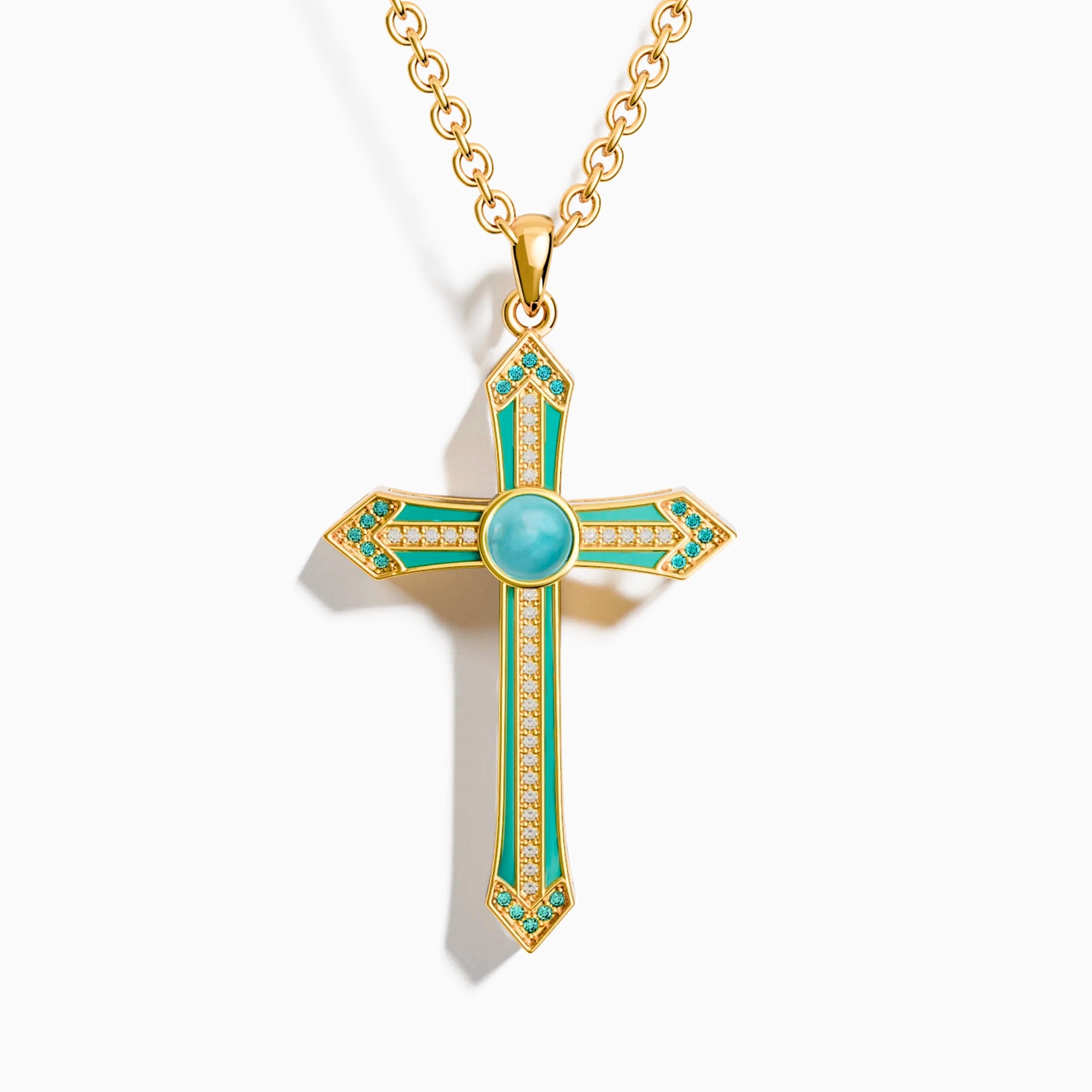 18K GP 925 Silver Teal Turquoise Enamel Cross Meridian Lumen Cross