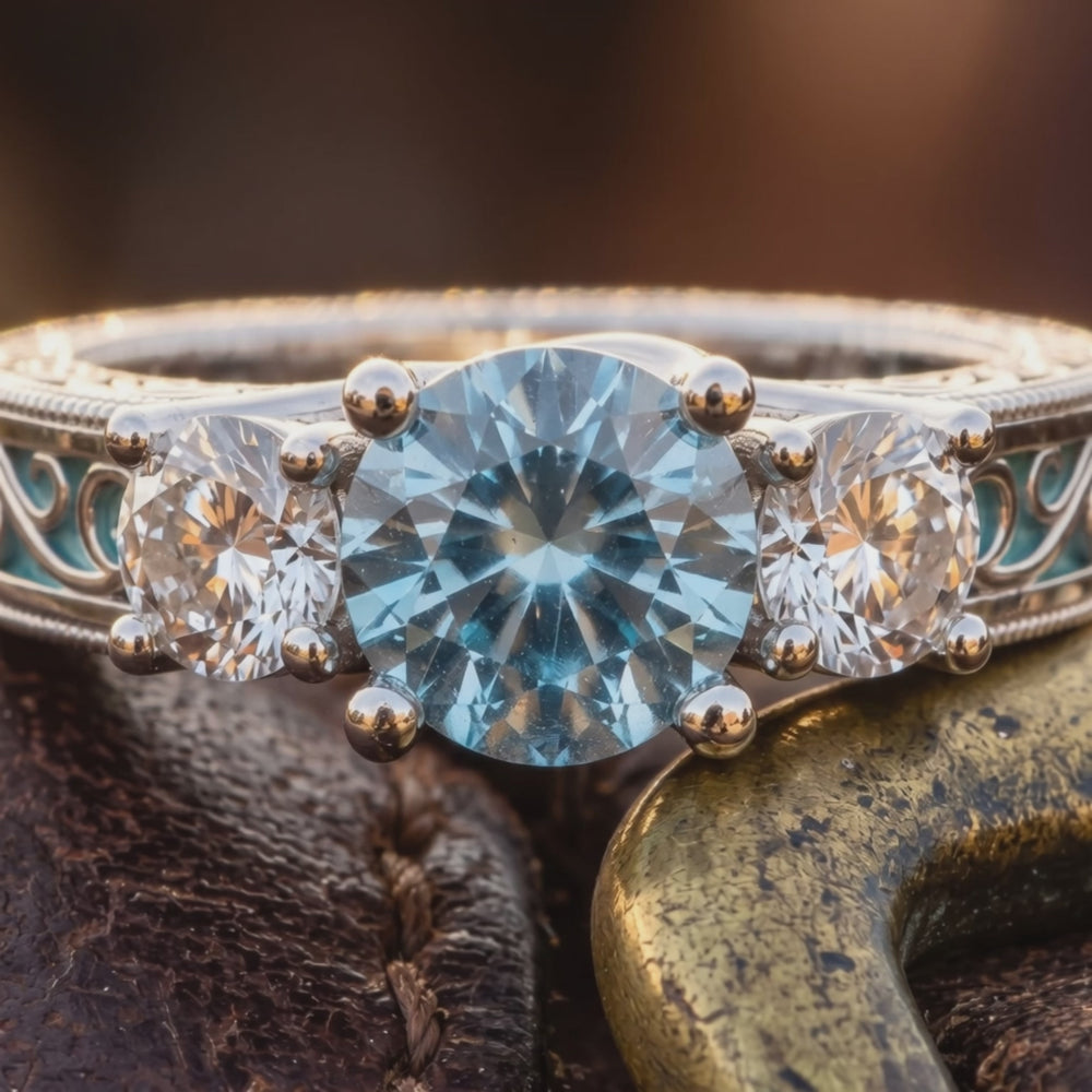 Century Romance Aquamarine Ring | Moissanite 3-Stone Style
