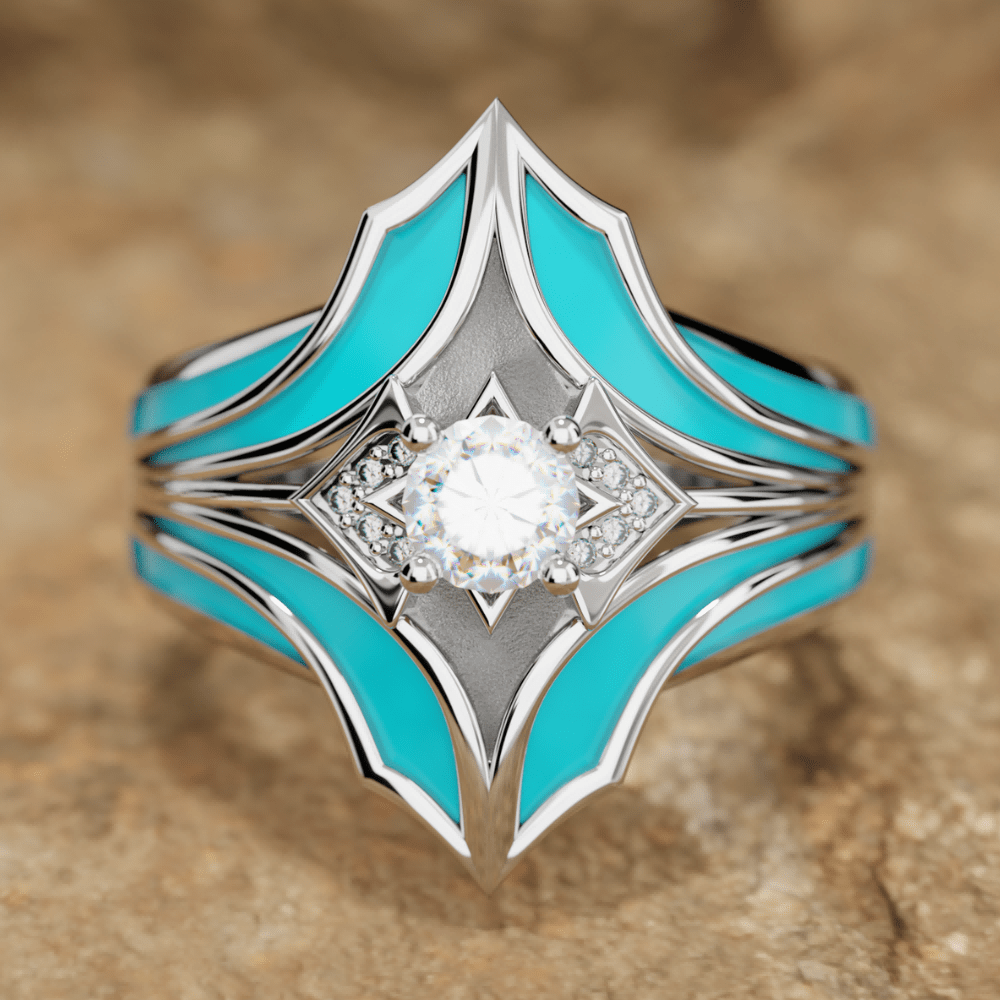 Round Moissanite & Turquoise Sterling Silver Western Cowgirl Ring