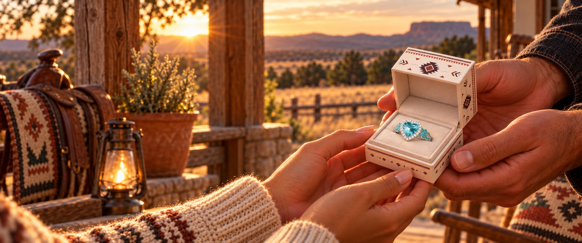 A turquoise-blue heart ring in Serene Western's Southwestern gift box during a ranch-porch proposal